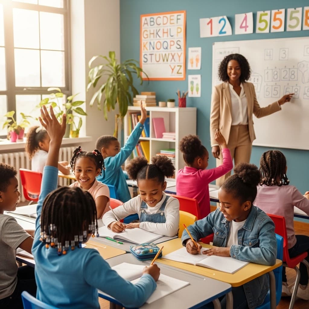 Children raising their hands in a bright classroom while a teacher works at the whiteboard