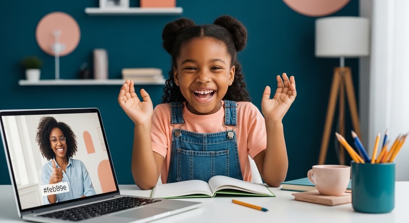 A young student smiling during an online lesson with her tutor on screen
